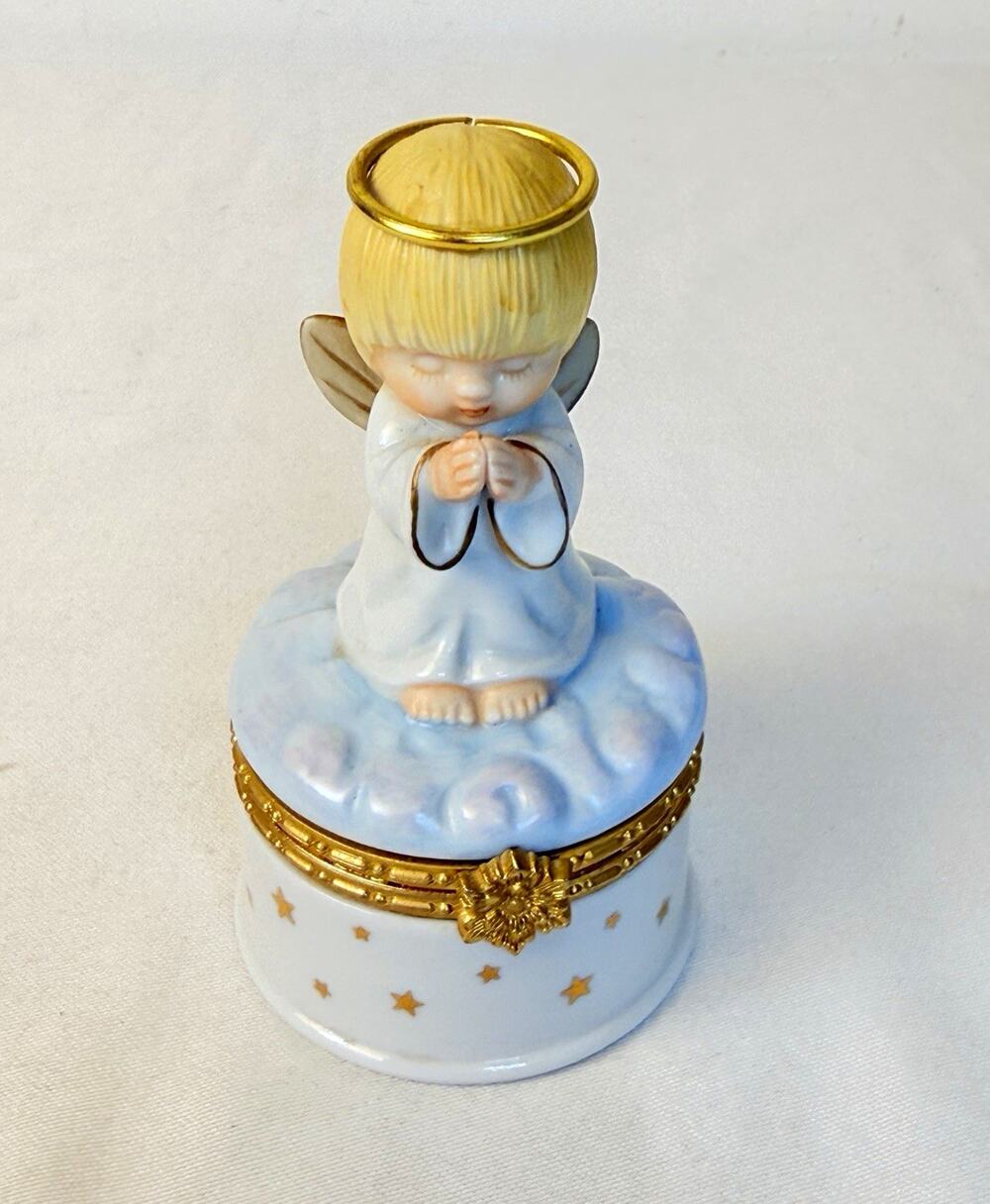 Porcelain Praying Angel Trinket Box Hinged Lid Blue Gold Trim Star Taiwan
